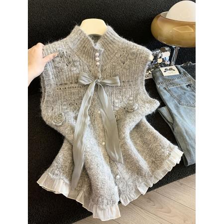 FA54858# 法式温柔风立体花朵针织马甲女秋冬百搭叠穿蝴蝶结毛衣背心  服裝批發女裝批發服飾貨源