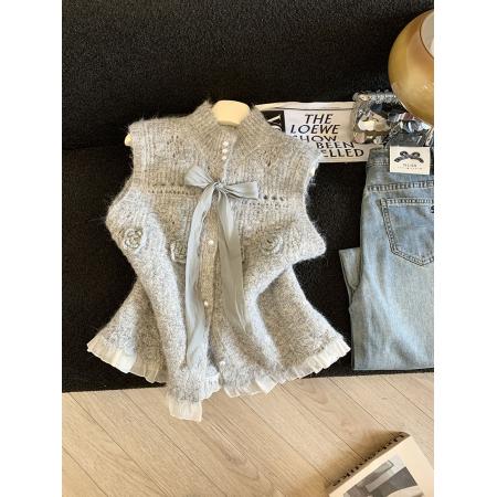 FA54858# 法式温柔风立体花朵针织马甲女秋冬百搭叠穿蝴蝶结毛衣背心  服裝批發女裝批發服飾貨源