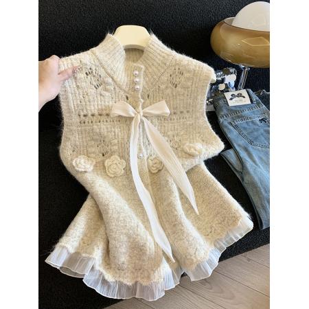 FA54858# 法式温柔风立体花朵针织马甲女秋冬百搭叠穿蝴蝶结毛衣背心  服裝批發女裝批發服飾貨源