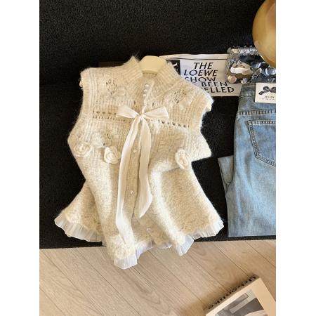 FA54858# 法式温柔风立体花朵针织马甲女秋冬百搭叠穿蝴蝶结毛衣背心  服裝批發女裝批發服飾貨源