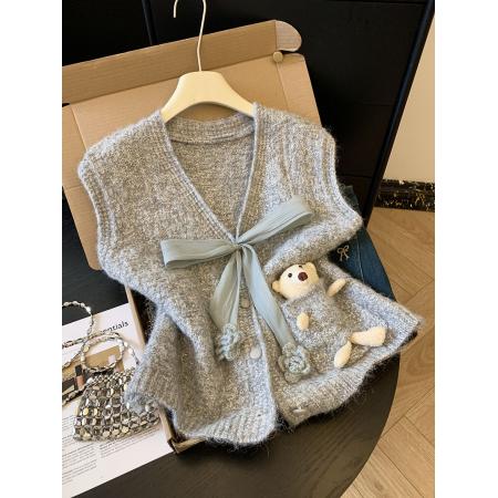 FA54860# 蝴蝶结针织马甲女秋冬外穿坎肩无袖背心毛衣开衫上衣配娃娃  服裝批發女裝批發服飾貨源