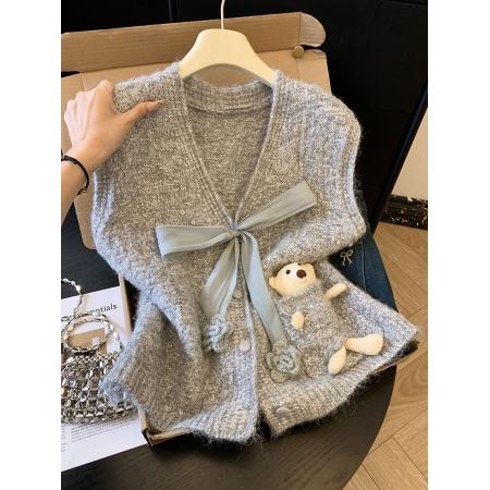 FA54860# 蝴蝶结针织马甲女秋冬外穿坎肩无袖背心毛衣开衫上衣配娃娃  服裝批發女裝批發服飾貨源