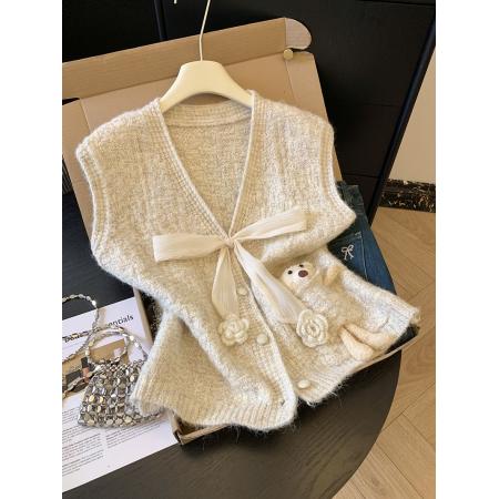 FA54860# 蝴蝶结针织马甲女秋冬外穿坎肩无袖背心毛衣开衫上衣配娃娃  服裝批發女裝批發服飾貨源