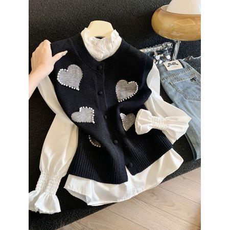 FA54861# 早春新款甜美学院风爱心图案针织马甲女开衫背心衬衣外搭套装  服裝批發女裝批發服飾貨源