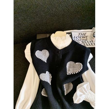 FA54861# 早春新款甜美学院风爱心图案针织马甲女开衫背心衬衣外搭套装  服裝批發女裝批發服飾貨源