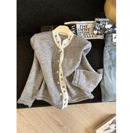 FA54862# 韩系甜美风花边拼接针织开衫秋冬新款大码气质减龄百搭上衣  服裝批發女裝批發服飾貨源