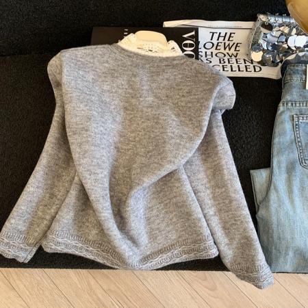 FA54862# 韩系甜美风花边拼接针织开衫秋冬新款大码气质减龄百搭上衣  服裝批發女裝批發服飾貨源