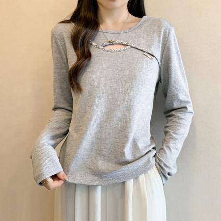 FA54865# 欧货烫钻镂空长袖t恤女士秋季大码胖MM显瘦高级感上衣打底衫内搭  服裝批發女裝批發服飾貨源