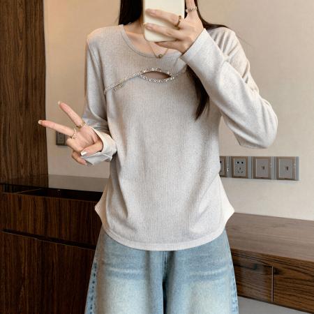 FA54865# 欧货烫钻镂空长袖t恤女士秋季大码胖MM显瘦高级感上衣打底衫内搭  服裝批發女裝批發服飾貨源