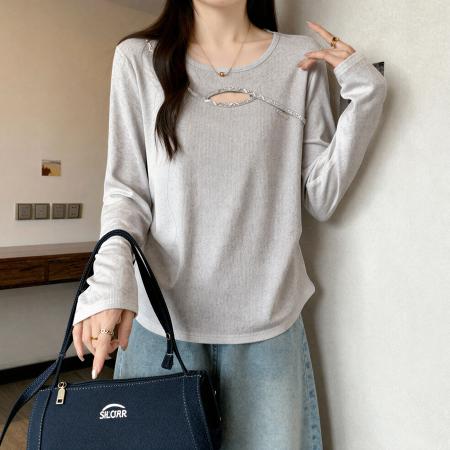 FA54865# 欧货烫钻镂空长袖t恤女士秋季大码胖MM显瘦高级感上衣打底衫内搭  服裝批發女裝批發服飾貨源