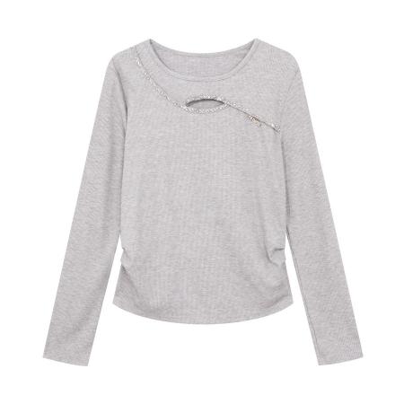 FA54865# 欧货烫钻镂空长袖t恤女士秋季大码胖MM显瘦高级感上衣打底衫内搭  服裝批發女裝批發服飾貨源