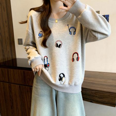 FA54866# 慵懒风印花长袖卫衣女秋季新款大码胖mm宽松时尚洋气打底chic上衣  服裝批發女裝批發服飾貨源