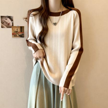 FA54867# 大码胖MM撞色针织打底衫女秋新款气质修身显瘦一字肩长袖上衣  服裝批發女裝批發服飾貨源