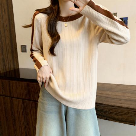 FA54867# 大码胖MM撞色针织打底衫女秋新款气质修身显瘦一字肩长袖上衣  服裝批發女裝批發服飾貨源