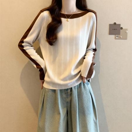 FA54867# 大码胖MM撞色针织打底衫女秋新款气质修身显瘦一字肩长袖上衣  服裝批發女裝批發服飾貨源