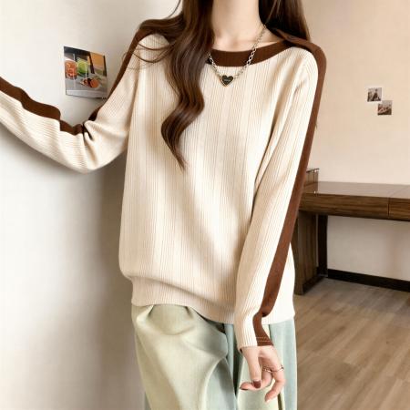 FA54867# 大码胖MM撞色针织打底衫女秋新款气质修身显瘦一字肩长袖上衣  服裝批發女裝批發服飾貨源