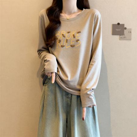 FA54868# 韩系字母刺绣长袖T恤女秋冬新款大码胖MM设计感显瘦休闲上衣  服裝批發女裝批發服飾貨源