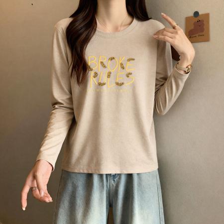 FA54868# 韩系字母刺绣长袖T恤女秋冬新款大码胖MM设计感显瘦休闲上衣  服裝批發女裝批發服飾貨源
