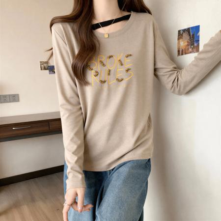FA54868# 韩系字母刺绣长袖T恤女秋冬新款大码胖MM设计感显瘦休闲上衣  服裝批發女裝批發服飾貨源