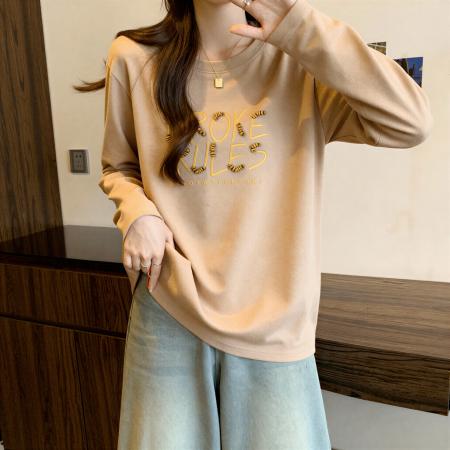 FA54868# 韩系字母刺绣长袖T恤女秋冬新款大码胖MM设计感显瘦休闲上衣  服裝批發女裝批發服飾貨源