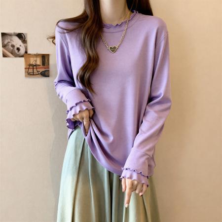 FA54869# 大码女装洋气宽松显瘦长袖T恤秋季上衣胖mm内搭叠穿木耳边打底衫  服裝批發女裝批發服飾貨源