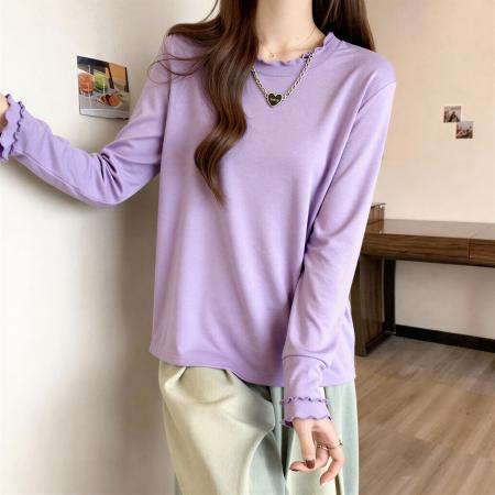 FA54869# 大码女装洋气宽松显瘦长袖T恤秋季上衣胖mm内搭叠穿木耳边打底衫  服裝批發女裝批發服飾貨源