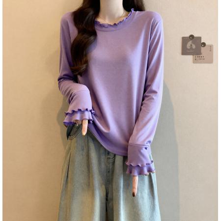 FA54869# 大码女装洋气宽松显瘦长袖T恤秋季上衣胖mm内搭叠穿木耳边打底衫  服裝批發女裝批發服飾貨源