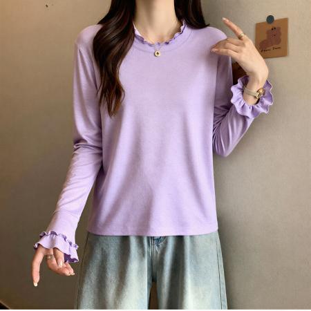 FA54869# 大码女装洋气宽松显瘦长袖T恤秋季上衣胖mm内搭叠穿木耳边打底衫  服裝批發女裝批發服飾貨源