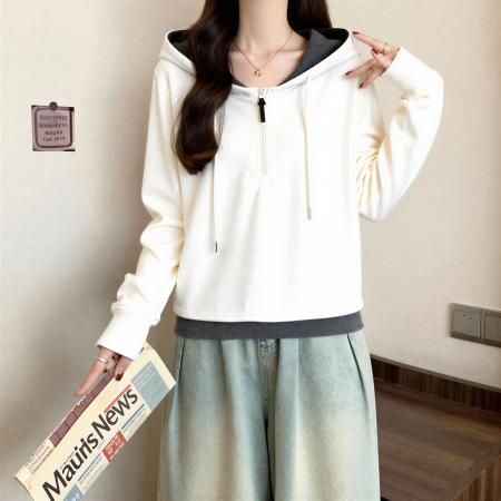 FA54870# 连帽半拉链假两件卫衣女秋冬大码胖mm宽松显瘦内搭打底衫长袖上衣  服裝批發女裝批發服飾貨源
