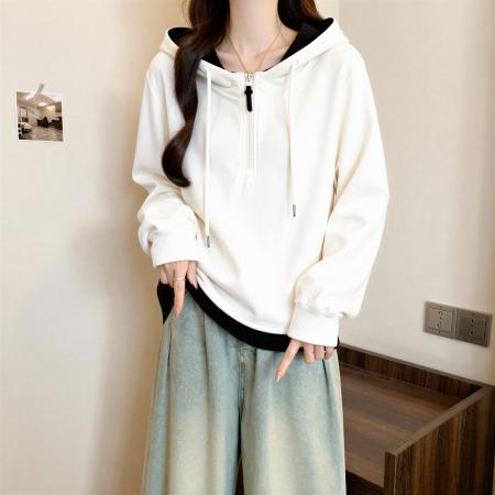 FA54870# 连帽半拉链假两件卫衣女秋冬大码胖mm宽松显瘦内搭打底衫长袖上衣  服裝批發女裝批發服飾貨源