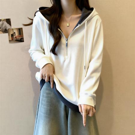 FA54870# 连帽半拉链假两件卫衣女秋冬大码胖mm宽松显瘦内搭打底衫长袖上衣  服裝批發女裝批發服飾貨源