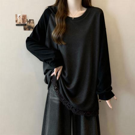FA54871# 蕾丝德绒打底衫长袖t恤女秋冬新款大码胖MM设计感宽松中长款上衣  服裝批發女裝批發服飾貨源