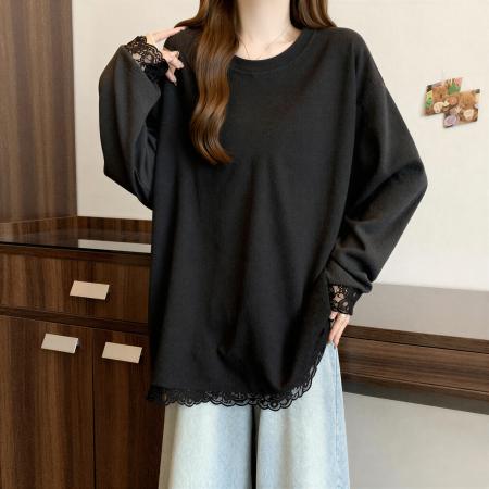 FA54871# 蕾丝德绒打底衫长袖t恤女秋冬新款大码胖MM设计感宽松中长款上衣  服裝批發女裝批發服飾貨源