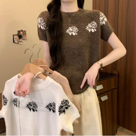 FA54872# 早春新款法式复古花朵提花套头宽松百搭气质系带短袖毛衣  服裝批發女裝批發服飾貨源