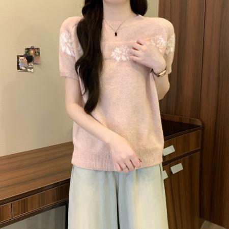 FA54872# 早春新款法式复古花朵提花套头宽松百搭气质系带短袖毛衣  服裝批發女裝批發服飾貨源