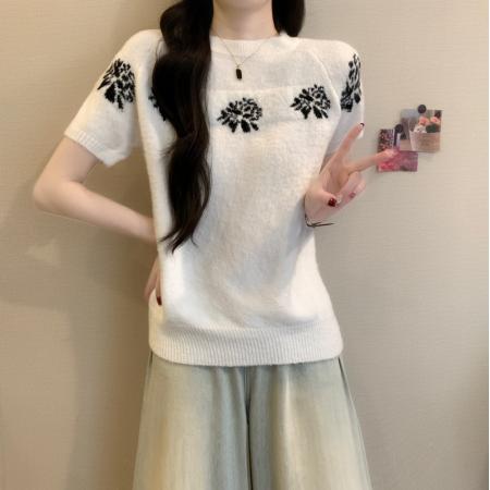 FA54872# 早春新款法式复古花朵提花套头宽松百搭气质系带短袖毛衣  服裝批發女裝批發服飾貨源