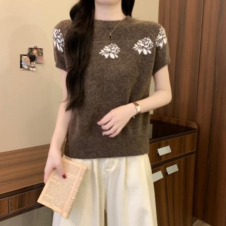 FA54872# 早春新款法式复古花朵提花套头宽松百搭气质系带短袖毛衣  服裝批發女裝批發服飾貨源