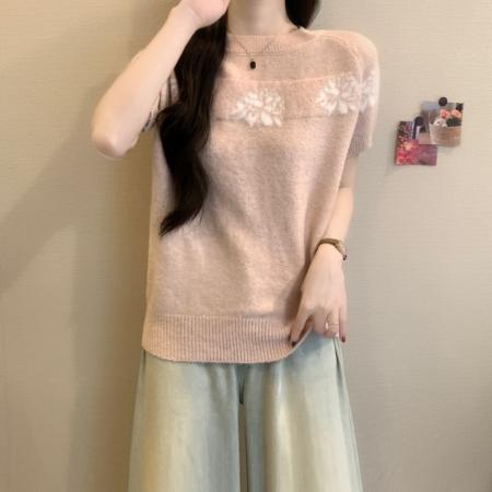 FA54872# 早春新款法式复古花朵提花套头宽松百搭气质系带短袖毛衣  服裝批發女裝批發服飾貨源