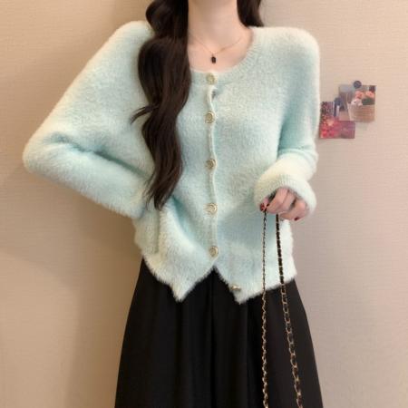 FA54873# 秋冬新款韩系温柔甜美仿水貂慵懒软糯时尚长袖针织开衫  服裝批發女裝批發服飾貨源