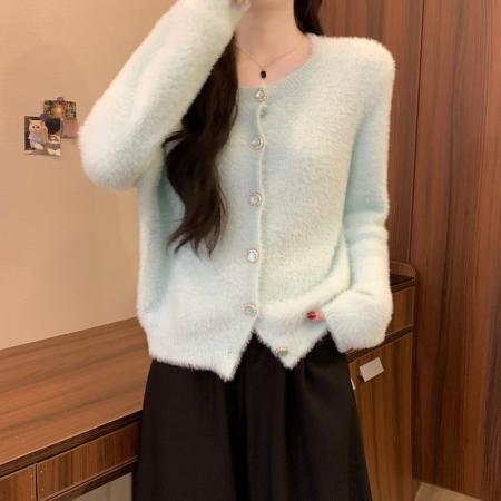 FA54873# 秋冬新款韩系温柔甜美仿水貂慵懒软糯时尚长袖针织开衫  服裝批發女裝批發服飾貨源