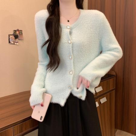 FA54873# 秋冬新款韩系温柔甜美仿水貂慵懒软糯时尚长袖针织开衫  服裝批發女裝批發服飾貨源