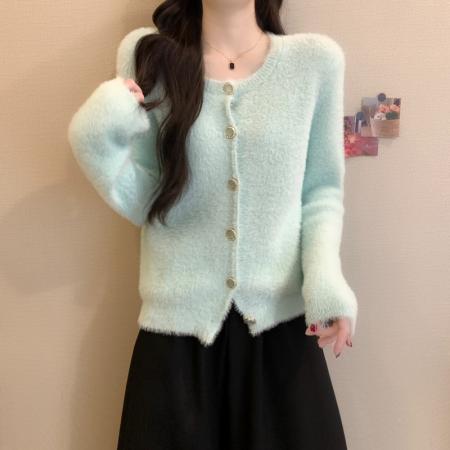 FA54873# 秋冬新款韩系温柔甜美仿水貂慵懒软糯时尚长袖针织开衫  服裝批發女裝批發服飾貨源