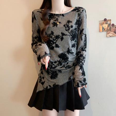 FA54875# 春季新款大码新中式水墨印花不规则开叉收腰显瘦T恤上衣  服裝批發女裝批發服飾貨源