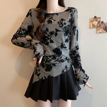 FA54875# 春季新款大码新中式水墨印花不规则开叉收腰显瘦T恤上衣  服裝批發女裝批發服飾貨源