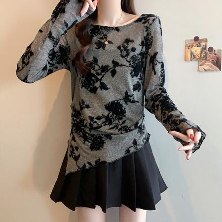 FA54875# 春季新款大码新中式水墨印花不规则开叉收腰显瘦T恤上衣  服裝批發女裝批發服飾貨源