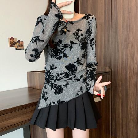 FA54875# 春季新款大码新中式水墨印花不规则开叉收腰显瘦T恤上衣  服裝批發女裝批發服飾貨源