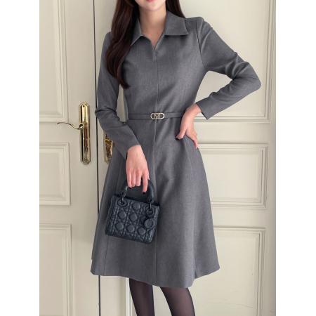 FA54877# 高雅气质韩国Chic长袖喇叭连衣裙翻领中长款韩版连衣裙配腰带  服裝批發女裝批發服飾貨源