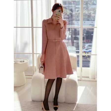 FA54877# 高雅气质韩国Chic长袖喇叭连衣裙翻领中长款韩版连衣裙配腰带  服裝批發女裝批發服飾貨源