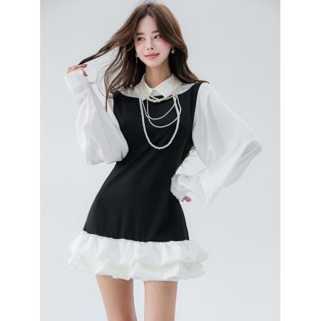 淑女时尚韩国Chic拼色衬衫连衣裙假两件灯笼袖韩版连衣裙  服裝批發女裝批發服飾貨源