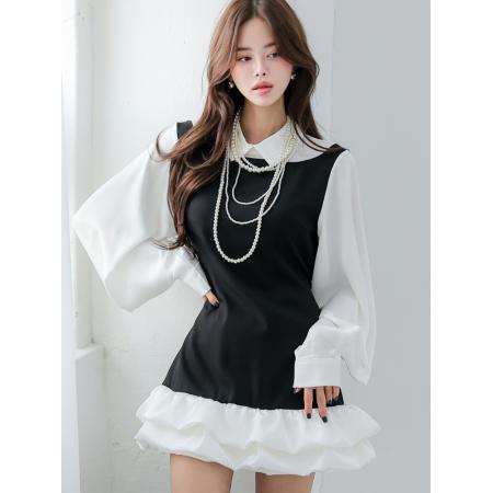 FA54878# 淑女时尚韩国Chic拼色衬衫连衣裙假两件灯笼袖韩版连衣裙  服裝批發女裝批發服飾貨源